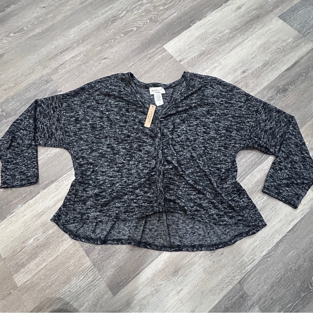 Lavender Field Peplum Knit Top | M | NWT | Gray Marled Long Sleeve Casual Blouse